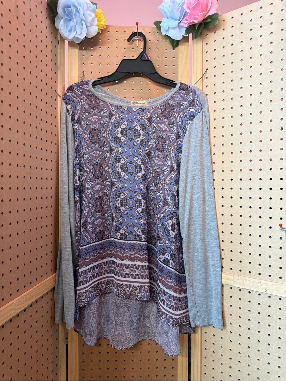 Democracy XL Paisley Mixed Media High Low Tunic Top Gray Blue